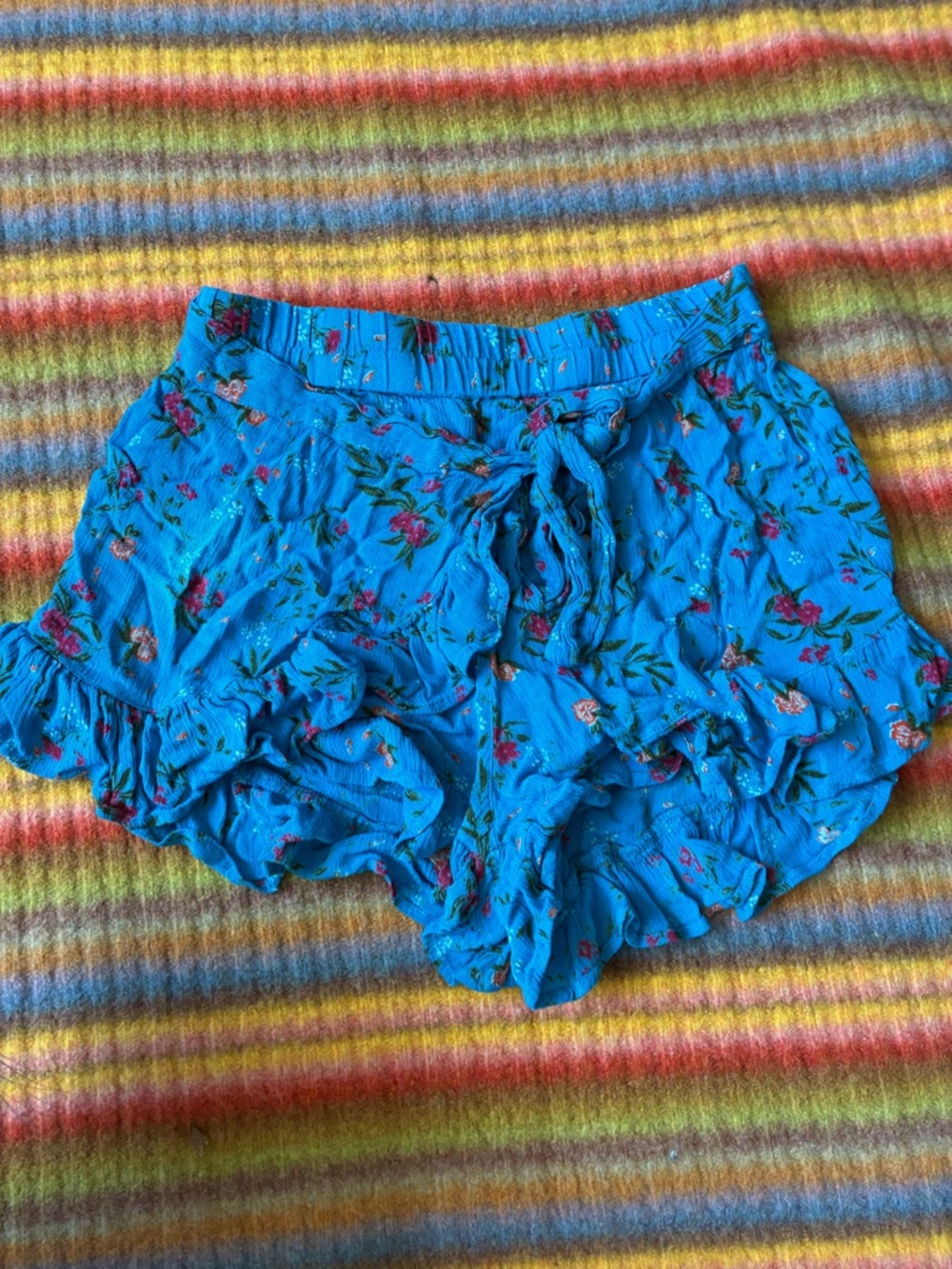 Bright Blue Floral High-Waist Ruffle Shorts